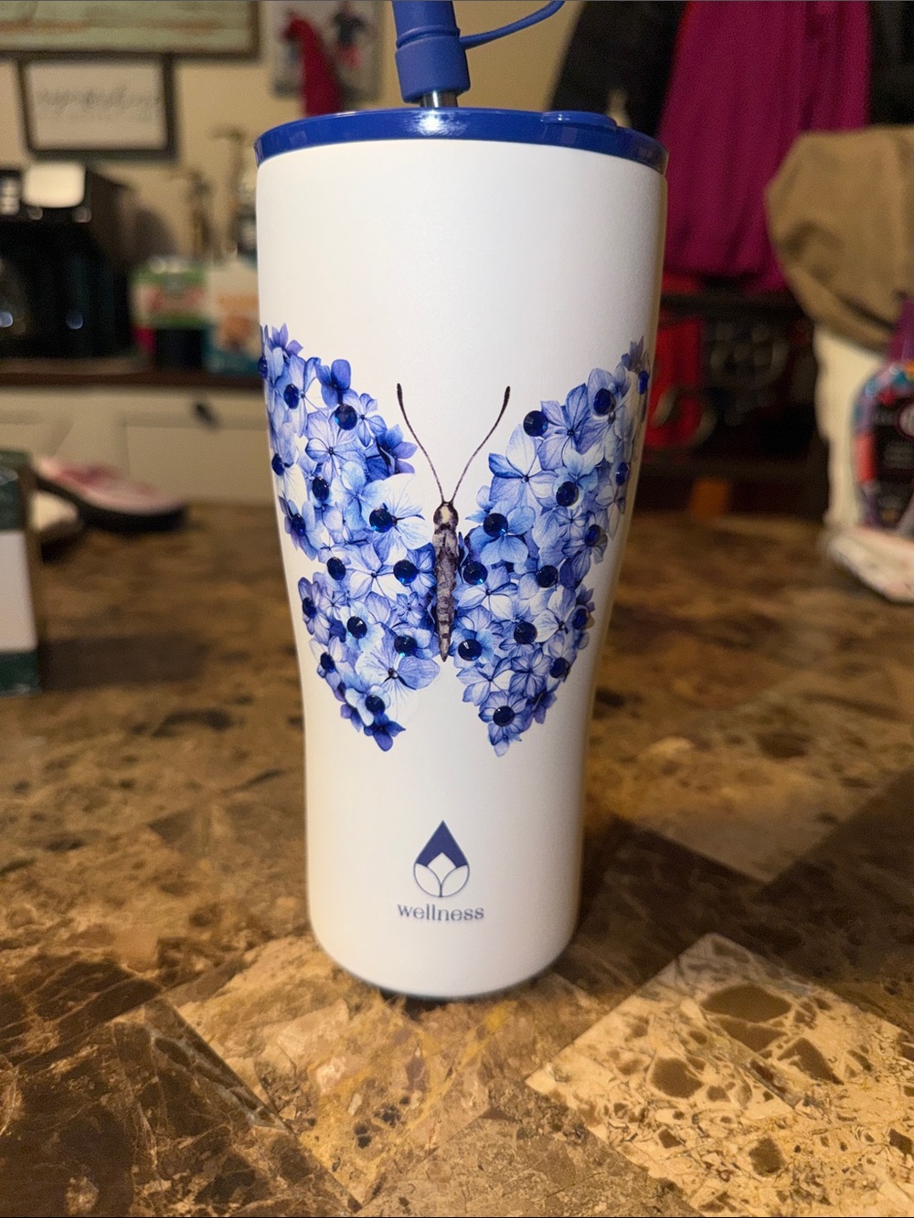 GORGEOUS New Wellness White & Blue Floral Butterfly 🦋 Travel Tumbler 20 oz.